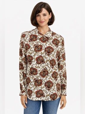 Vintage 90s Liz Claiborne Paisley Medallion Blouse Petite 10 Retro Top